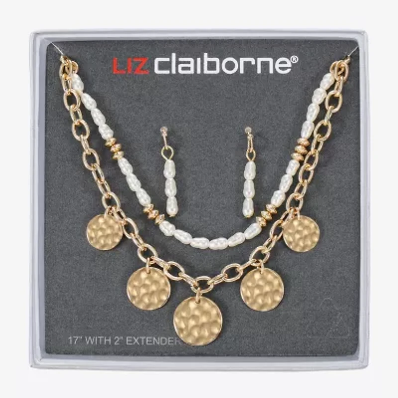 Liz Claiborne Gold Tone Charm Multi Strand Necklace & Linear Earring Womens Simulated Pearl 2-pc. Jewelry Set