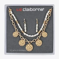 Liz Claiborne Gold Tone Charm Multi Strand Necklace & Linear Earring Womens Simulated Pearl 2-pc. Jewelry Set