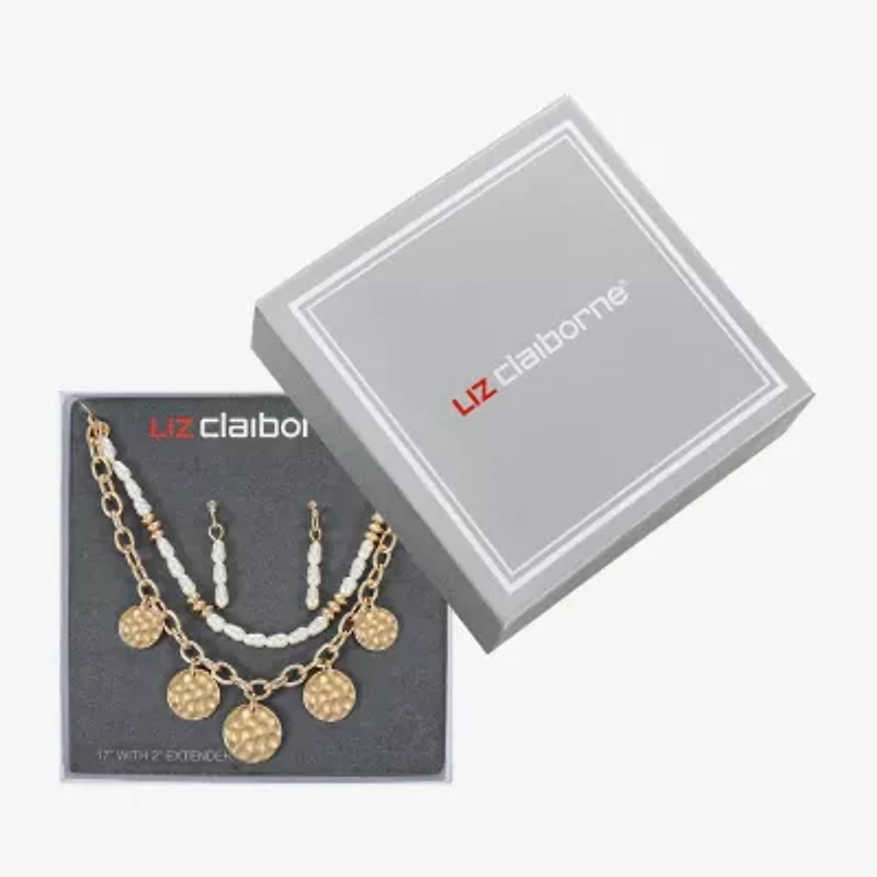 Liz Claiborne Gold Tone Charm Multi Strand Necklace & Linear Earring Womens Simulated Pearl 2-pc. Jewelry Set
