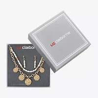 Liz Claiborne Gold Tone Charm Multi Strand Necklace & Linear Earring Womens Simulated Pearl 2-pc. Jewelry Set