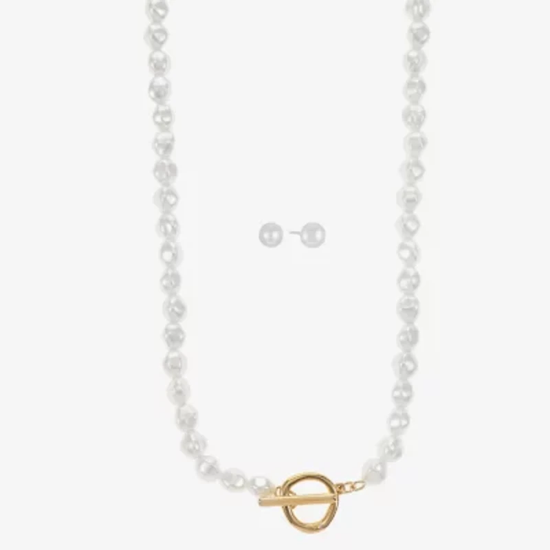 Liz Claiborne Gold Tone Toggle Collar Necklace & Stud Earring Womens Simulated Pearl 2-pc. Jewelry Set