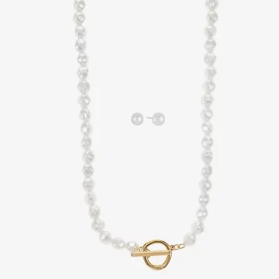 Liz Claiborne Gold Tone Toggle Collar Necklace & Stud Earring Womens Simulated Pearl 2-pc. Jewelry Set