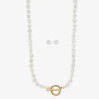 Liz Claiborne Gold Tone Toggle Collar Necklace & Stud Earring Womens Simulated Pearl 2-pc. Jewelry Set