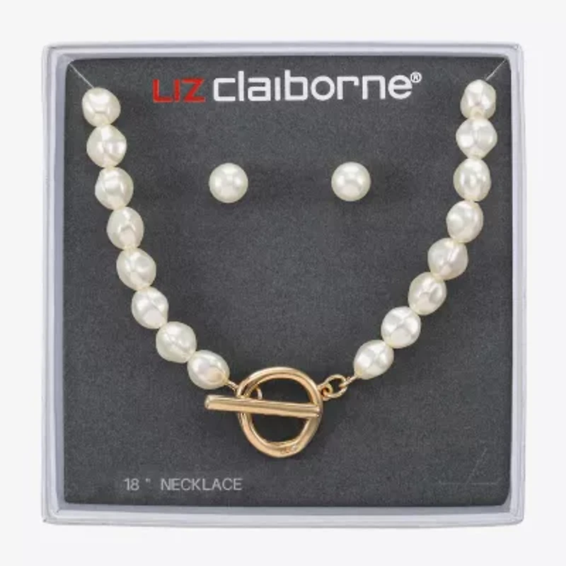 Liz Claiborne Gold Tone Toggle Collar Necklace & Stud Earring Womens Simulated Pearl 2-pc. Jewelry Set