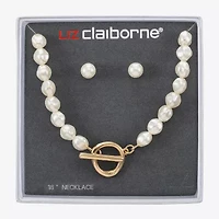 Liz Claiborne Gold Tone Toggle Collar Necklace & Stud Earring Womens Simulated Pearl 2-pc. Jewelry Set