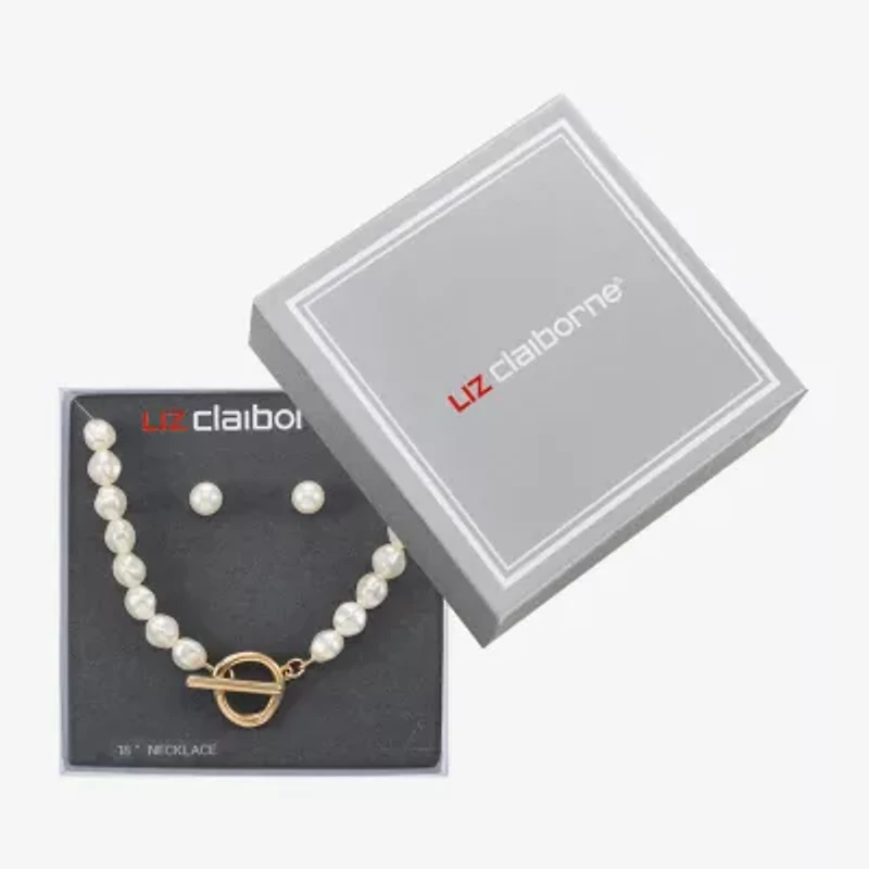 Liz Claiborne Gold Tone Toggle Collar Necklace & Stud Earring Womens Simulated Pearl 2-pc. Jewelry Set