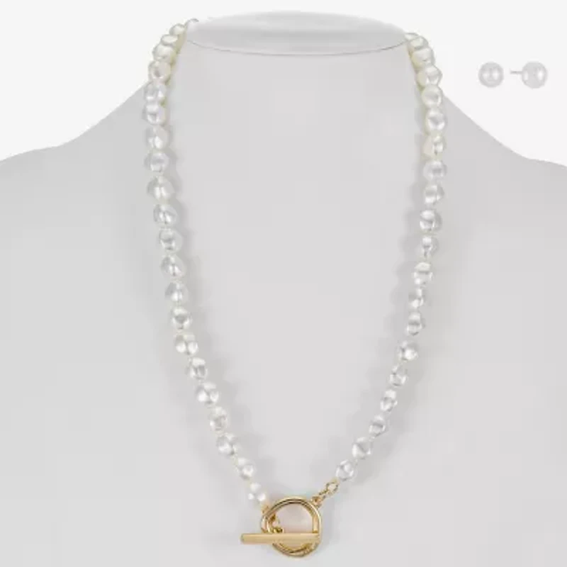 Liz Claiborne Gold Tone Toggle Collar Necklace & Stud Earring Womens Simulated Pearl 2-pc. Jewelry Set