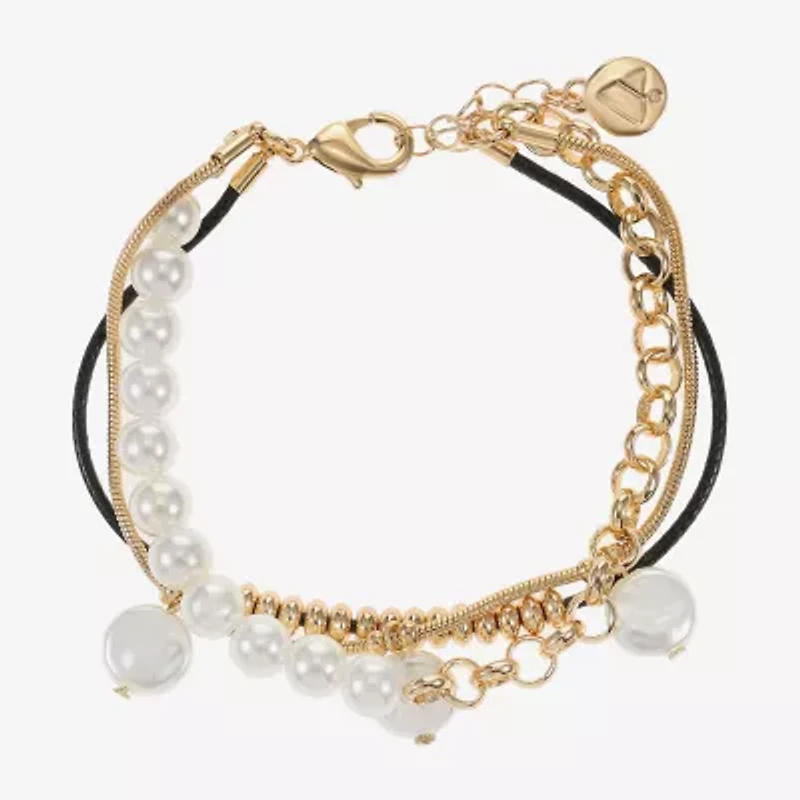 Liz Claiborne Gold Tone Charm Chain Womens Simulated Pearl Strand Bracelet