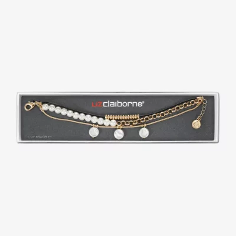 Liz Claiborne Gold Tone Charm Chain Womens Simulated Pearl Strand Bracelet