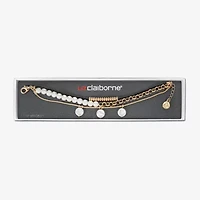 Liz Claiborne Gold Tone Charm Chain Womens Simulated Pearl Strand Bracelet