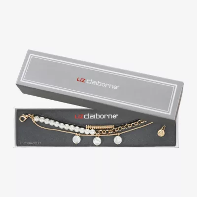 Liz Claiborne Gold Tone Charm Chain Womens Simulated Pearl Strand Bracelet