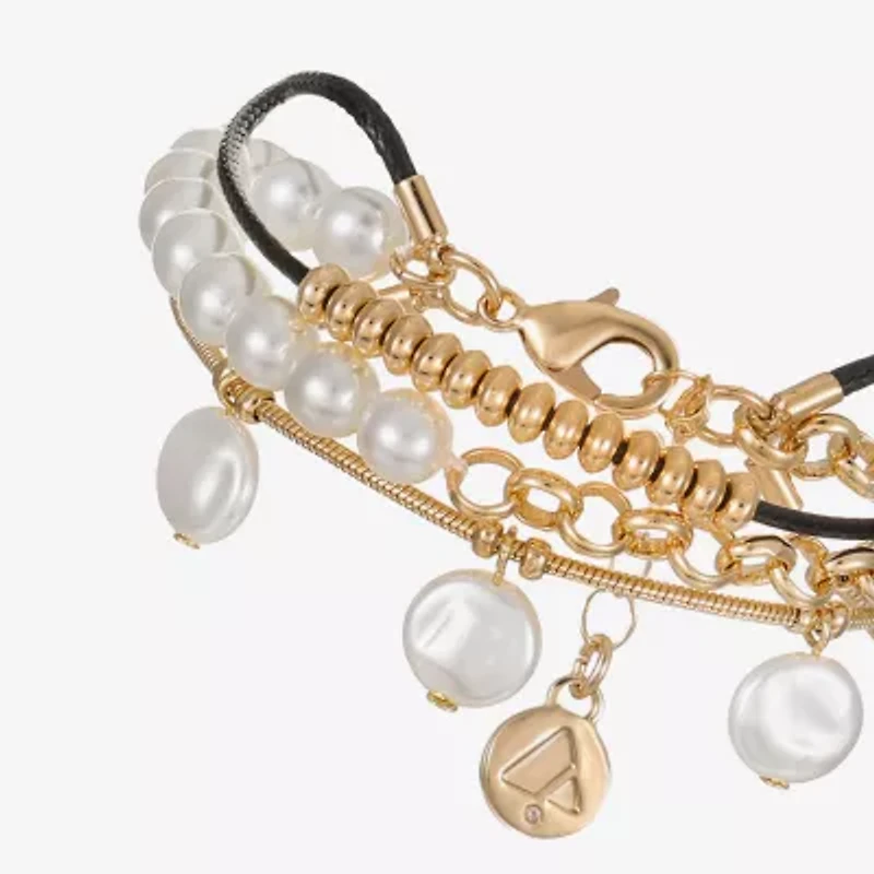 Liz Claiborne Gold Tone Charm Chain Womens Simulated Pearl Strand Bracelet