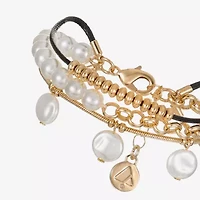 Liz Claiborne Gold Tone Charm Chain Womens Simulated Pearl Strand Bracelet