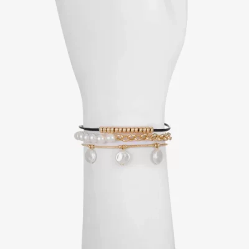 Liz Claiborne Gold Tone Charm Chain Womens Simulated Pearl Strand Bracelet