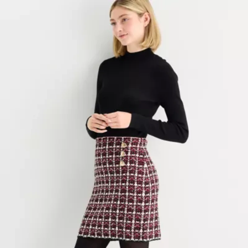 by&by Womens Long Sleeve Plaid Sweater Dress Juniors