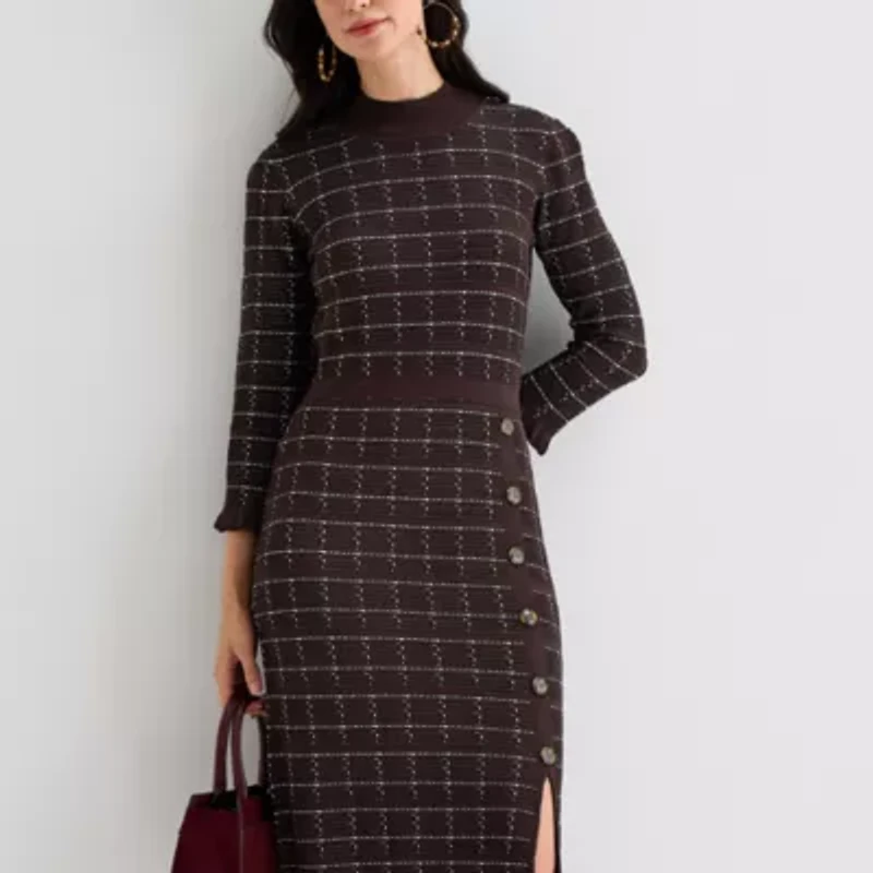 52seven Womens Long Sleeve Windowpane Midi Sweater Dress