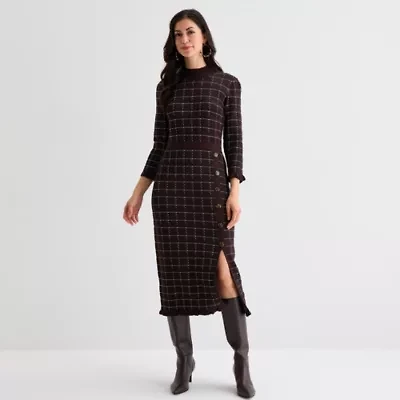 52seven Womens Long Sleeve Windowpane Midi Sweater Dress
