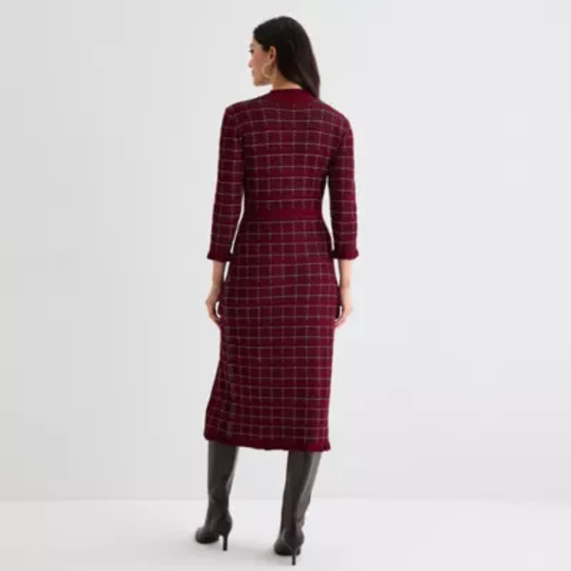 52seven Womens Long Sleeve Windowpane Midi Sweater Dress
