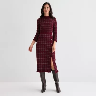 52seven Womens Long Sleeve Windowpane Midi Sweater Dress