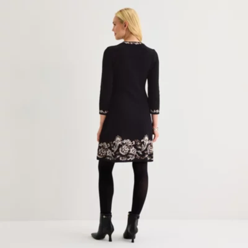 Jessica Howard Womens 3/4 Sleeve Bordered Sweater Dress