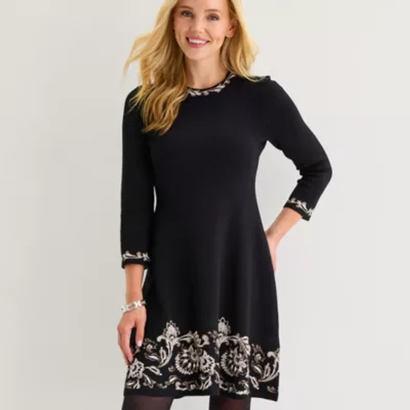 Jessica Howard Womens 3/4 Sleeve Bordered Sweater Dress