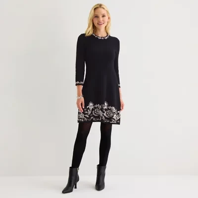 Jessica Howard Womens 3/4 Sleeve Bordered Sweater Dress