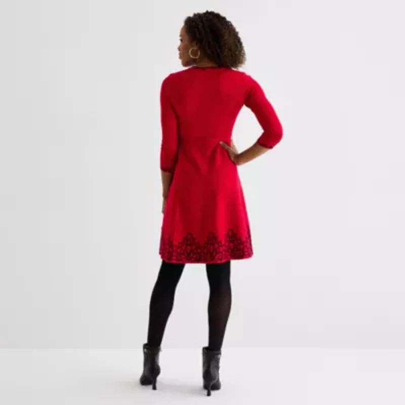 Jessica Howard Womens 3/4 Sleeve Bordered Sweater Dress