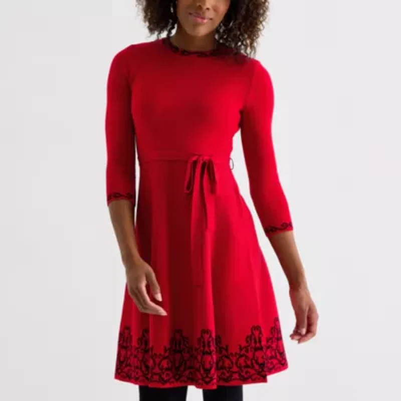 Jessica Howard Womens 3/4 Sleeve Bordered Sweater Dress