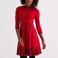 Jessica Howard Womens 3/4 Sleeve Bordered Sweater Dress