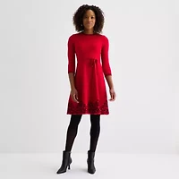 Jessica Howard Womens 3/4 Sleeve Bordered Sweater Dress