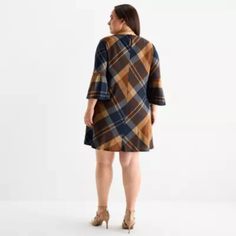 Jessica Howard Womens Plus 3/4 Sleeve Plaid Shift Dress
