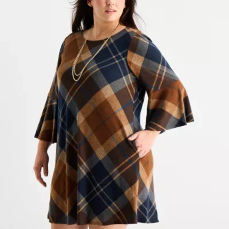 Jessica Howard Womens Plus 3/4 Sleeve Plaid Shift Dress