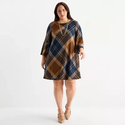 Jessica Howard Womens Plus 3/4 Sleeve Plaid Shift Dress