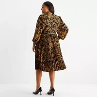 Melonie T Womens 3/4 Sleeve Floral Midi Plus Fit + Flare Dress