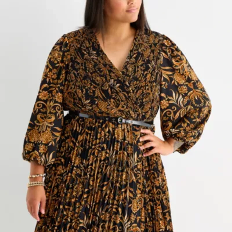 Melonie T Womens 3/4 Sleeve Floral Midi Plus Fit + Flare Dress