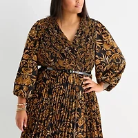 Melonie T Womens 3/4 Sleeve Floral Midi Plus Fit + Flare Dress