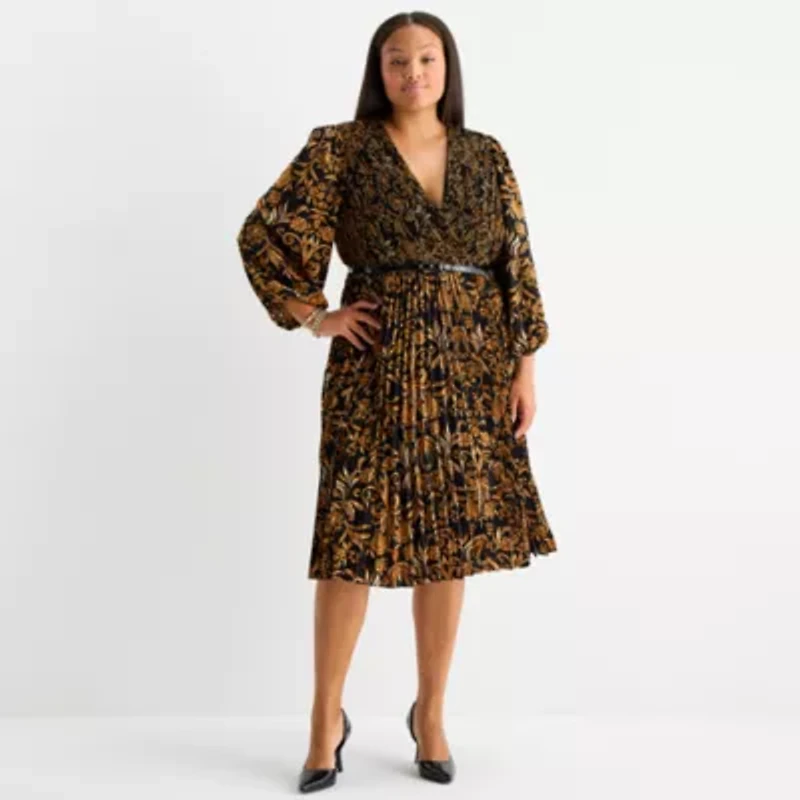 Melonie T Womens 3/4 Sleeve Floral Midi Plus Fit + Flare Dress