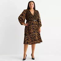 Melonie T Womens 3/4 Sleeve Floral Midi Plus Fit + Flare Dress