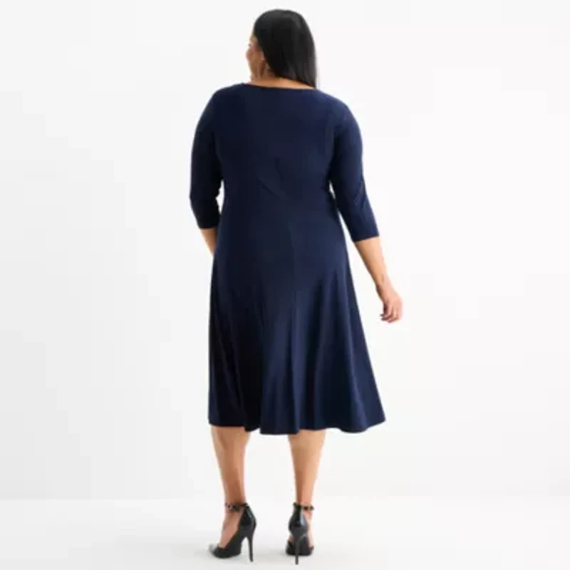 Perceptions Womens 3/4 Sleeve Midi Plus Fit + Flare Dress