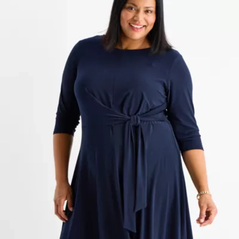 Perceptions Womens 3/4 Sleeve Midi Plus Fit + Flare Dress