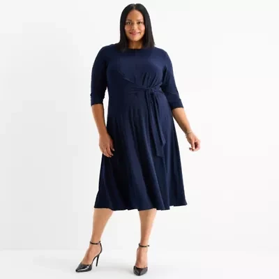 Perceptions Womens 3/4 Sleeve Midi Plus Fit + Flare Dress
