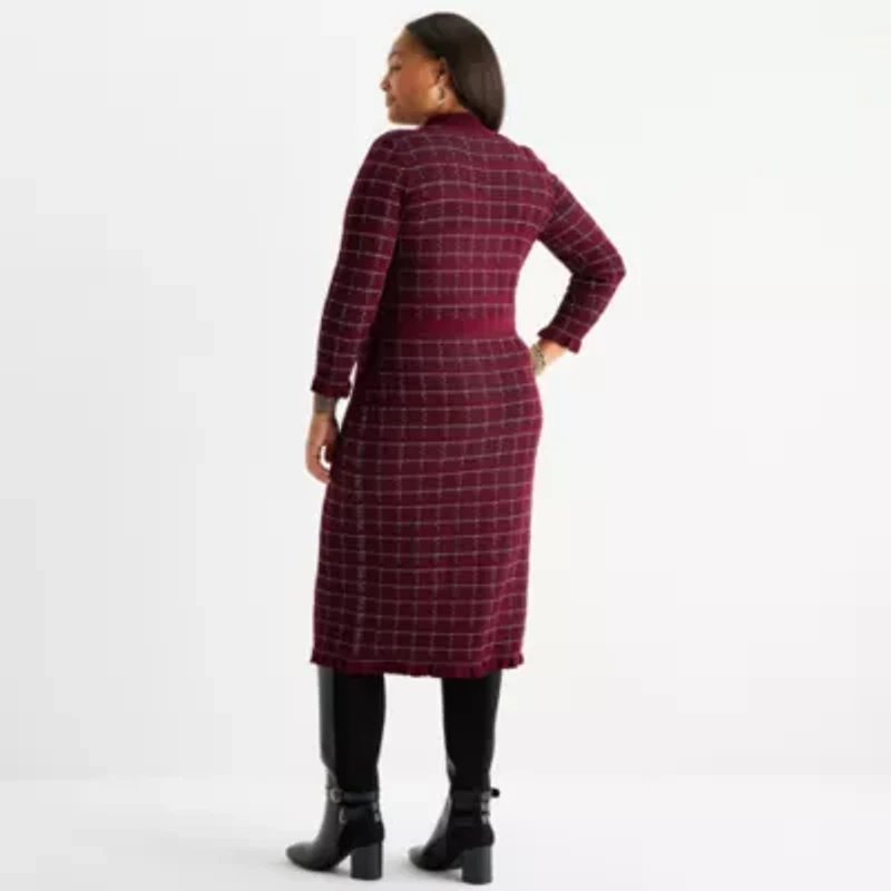 52seven Womens Plus 3/4 Sleeve Windowpane Midi Sweater Dress
