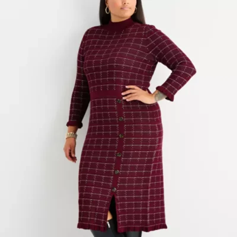 52seven Womens Plus 3/4 Sleeve Windowpane Midi Sweater Dress