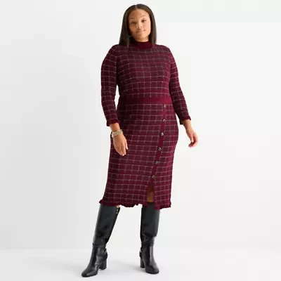 52seven Womens Plus 3/4 Sleeve Windowpane Midi Sweater Dress