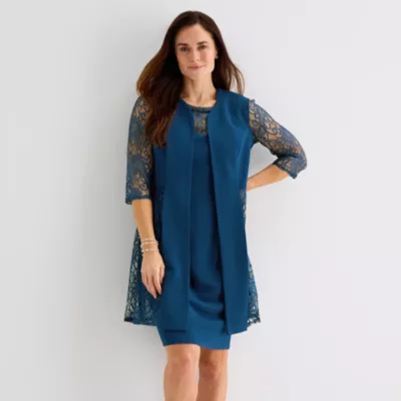 Maya Brooke Womens Lace Pearl Trim Jacket Dress