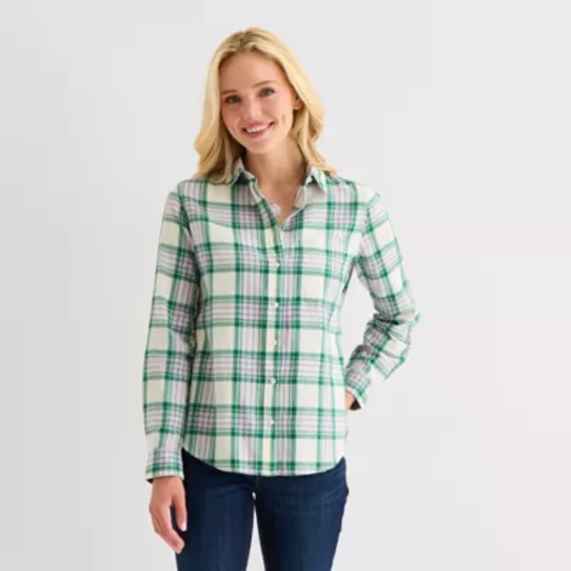 St. John's Bay Womens Cuffed Long Sleeve Relaxed Fit Button-Down Shirt
