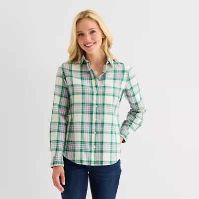 St. John's Bay Womens Cuffed Long Sleeve Relaxed Fit Button-Down Shirt