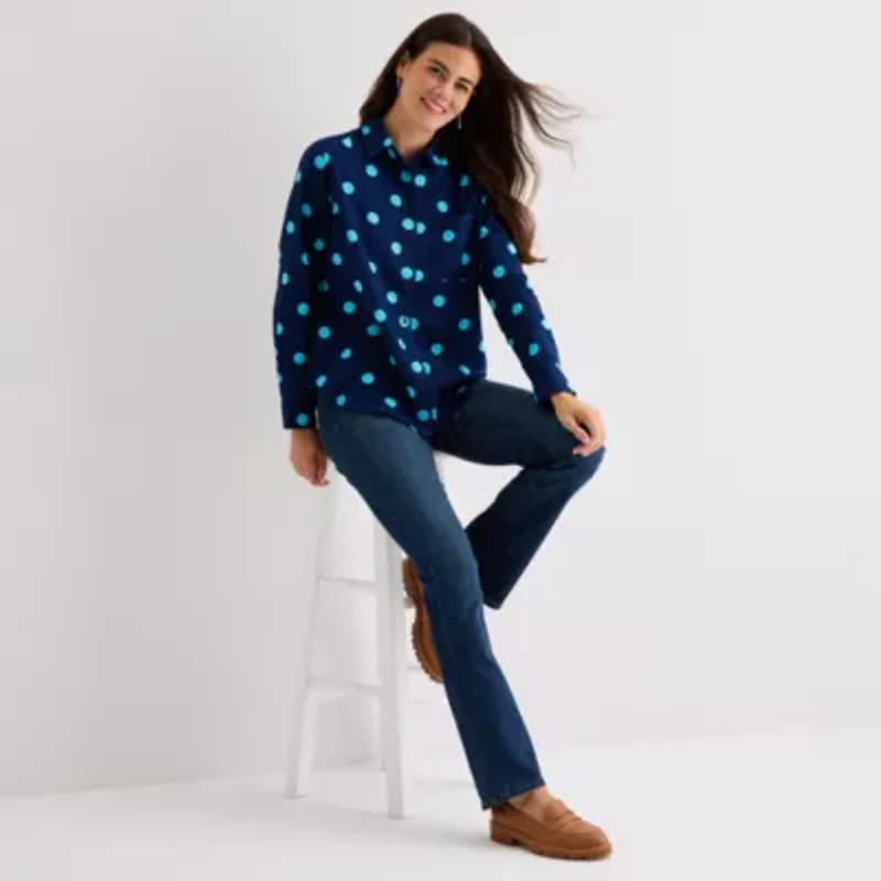 St. John's Bay Womens Long Sleeve Cuffed Relaxed Fit Button-Down Shirt