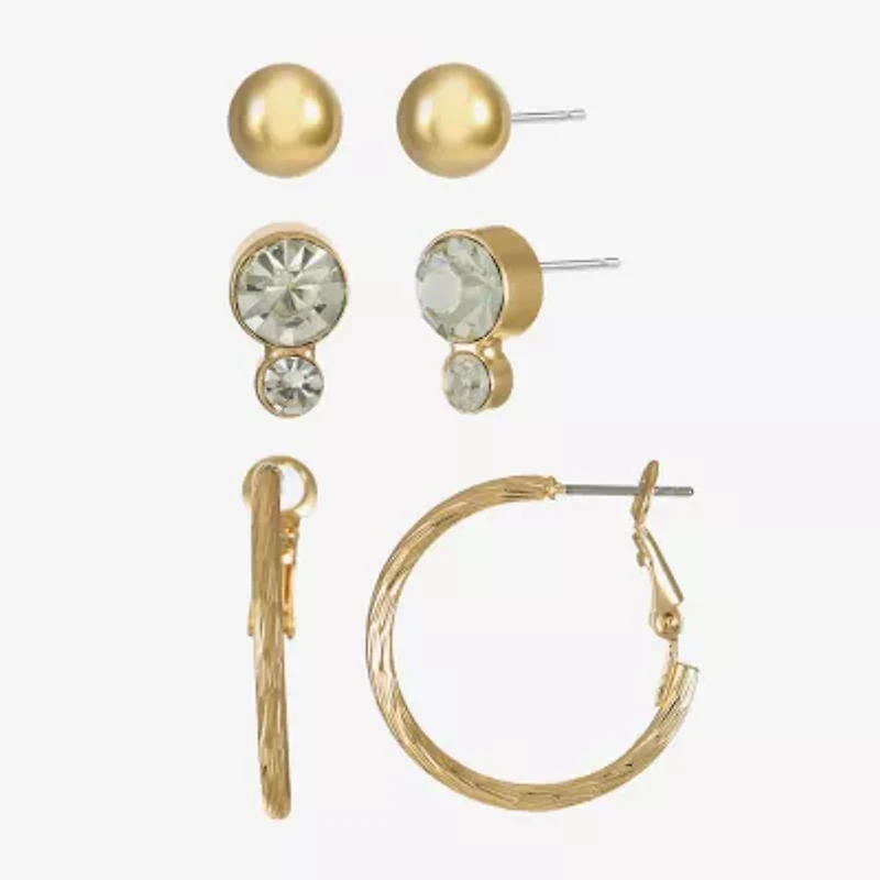 Liz Claiborne Stud & Hoop Womens Glass Hypoallergenic 3 Pair Earring Set