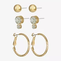 Liz Claiborne Stud & Hoop Womens Glass Hypoallergenic 3 Pair Earring Set